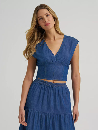 Wrangler Women's Smocked Crop Denim Blouse