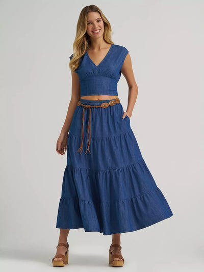 Wrangler Women's Smocked Crop Denim Blouse