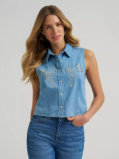 Wrangler Women's Saddle Embroidered Denim Shirt