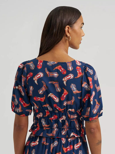 Wrangler Women's Puff Sleeve Print V-Neck Top