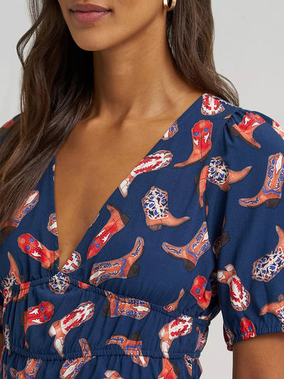 Wrangler Women's Puff Sleeve Print V-Neck Top