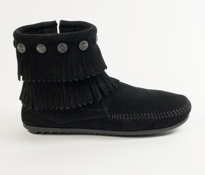 Minnetonka Women's Double Fringe Black Side Zip Boot