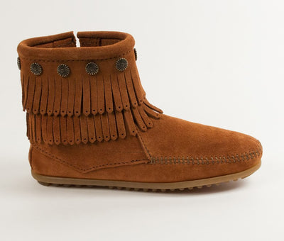 Minnetonka Women's Double Fringe Brown Side Zip Boot