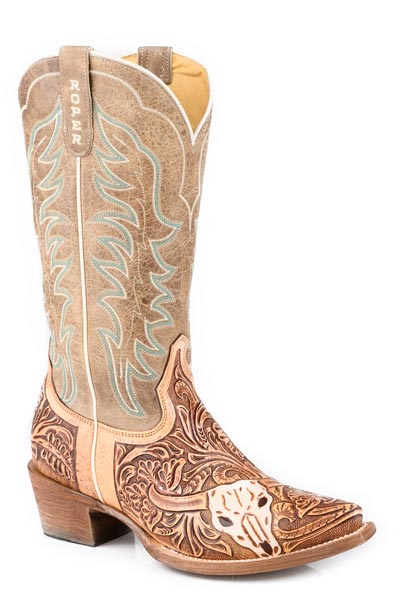 Roper Women's Hand Tooled Skull & Flowers Western Boots