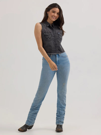 Wrangler Women's Frayed Denim Crop Western Snap Tank