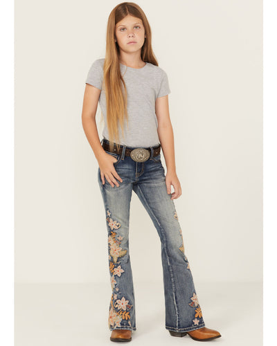 Grace In LA Girl's Floral Embroidered Flare Jean