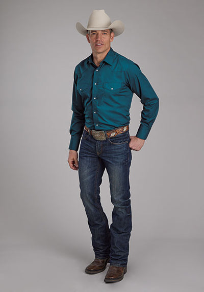 Roper Men's Solid Broadcloth Blue Steel Western Shirt