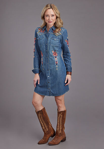 white christmas dresses Stetson Dark Denim Shirt Dress with Lavis Embroidery