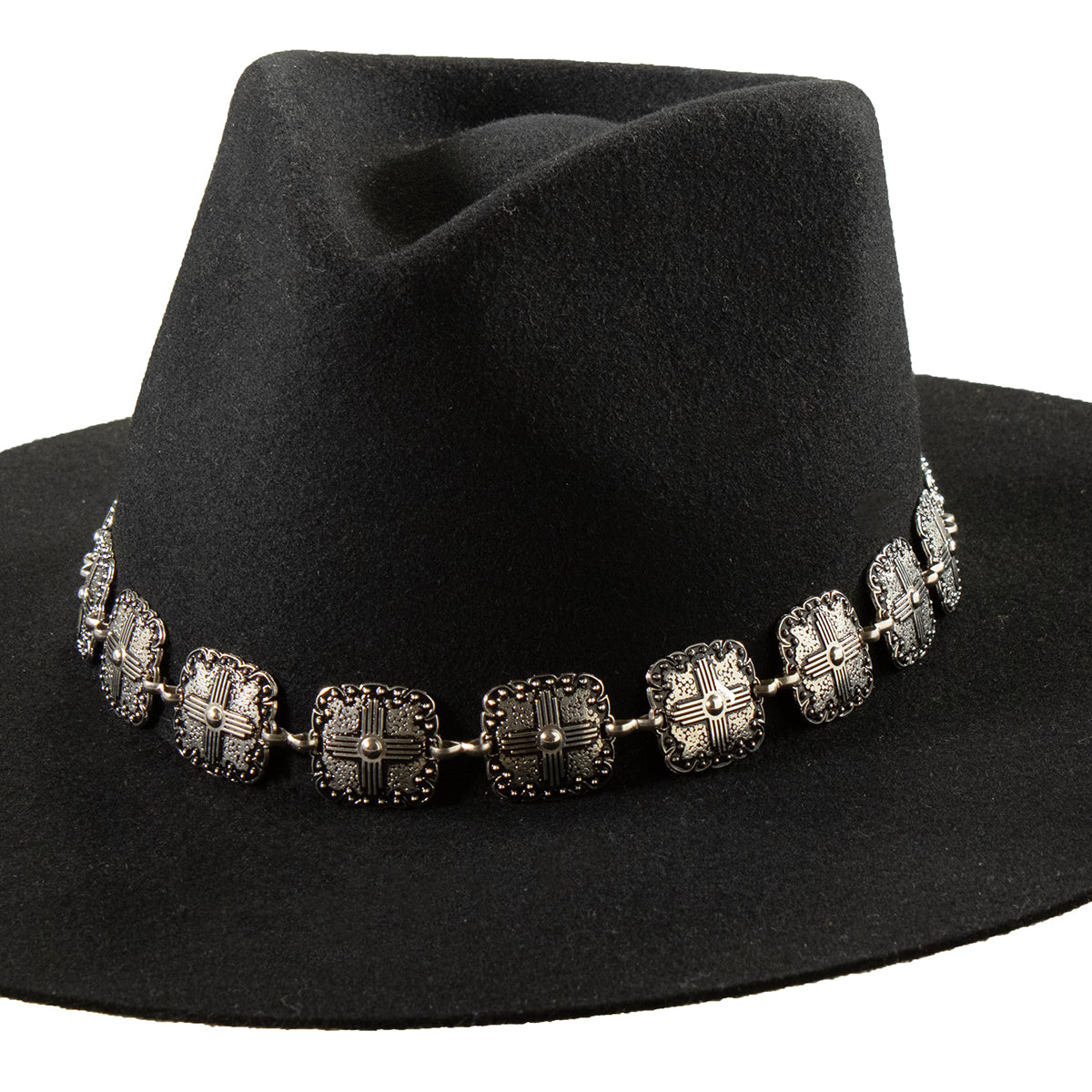 Scalloped Cross Conchos Silver Hatband