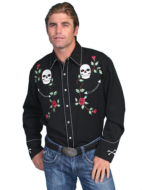 Scully Men's Skull & Roses Embroidered Shirt