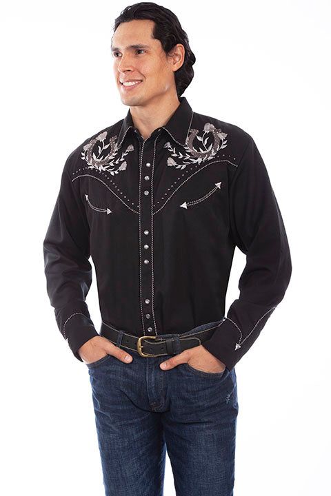 Scully Men's Horseshoe & Roses Embroidered Shirt