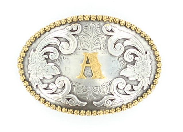 M&F Western Products Anitique Silver Floral Initial Belt Buckle