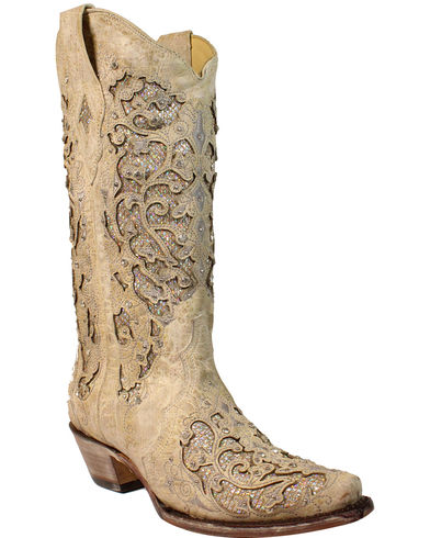 Corral Women's White Glitter Inlay & Crystals Wedding Boot