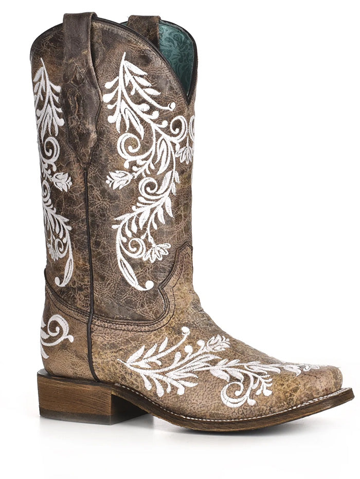Corral Women's Brown & White Embroidery Square Toe Boots