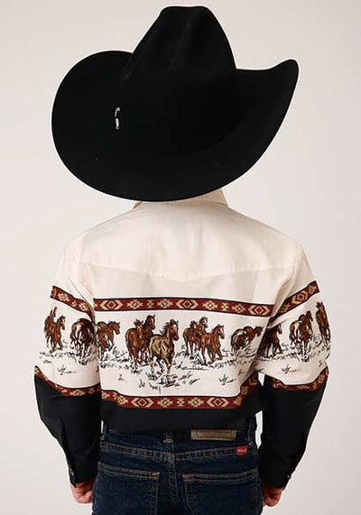 Roper Boy's Running Horse Border Print Shirt