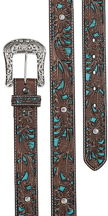 Ariat Women's Brown Tooled with Turq Inlay Leather Belt