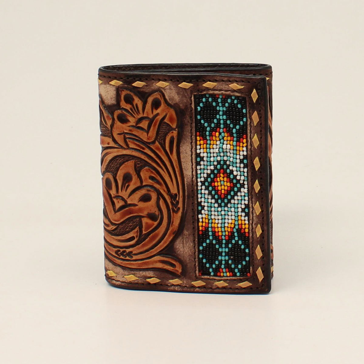 3D Men's Floral Tooled Bead Inlay Trifold Wallet