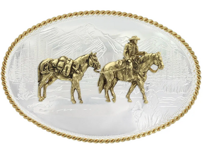 Montana Silversmith Etched Mountains with Pack Horse & Rider Belt Buckle