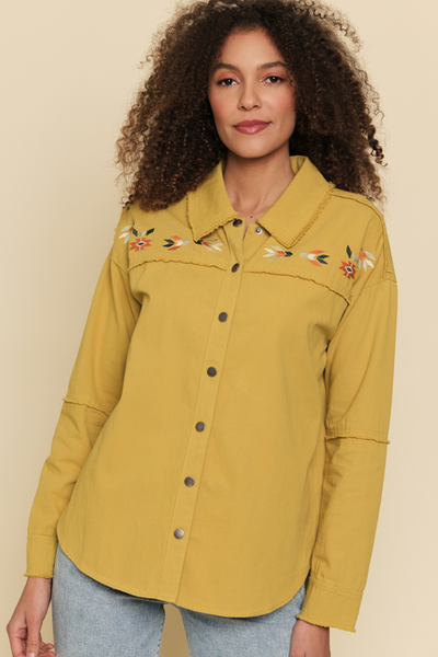 Mystree Women's Embroidery Yoke Shirt Jacket - Mustard
