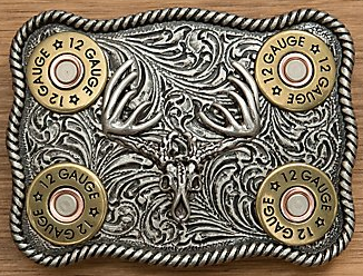 Nocona Silver Whitetail Buck Skull with Shotgun Shells Belt Buckle