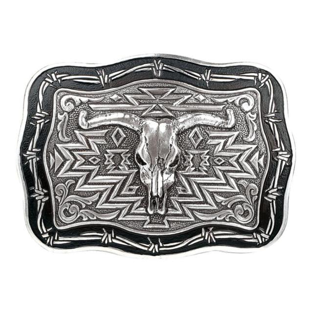 Crumrine Rectangle Steer Skull Barbwire Belt Buckle