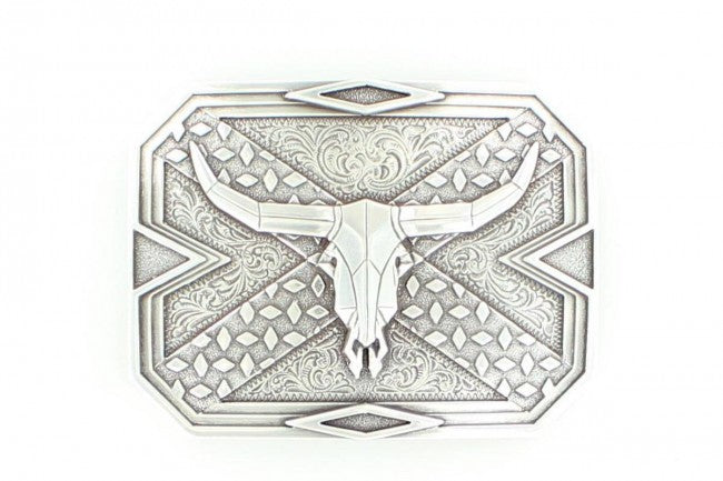 Nocona Silver Steer Head Skull Diamond Rectangle Buckle