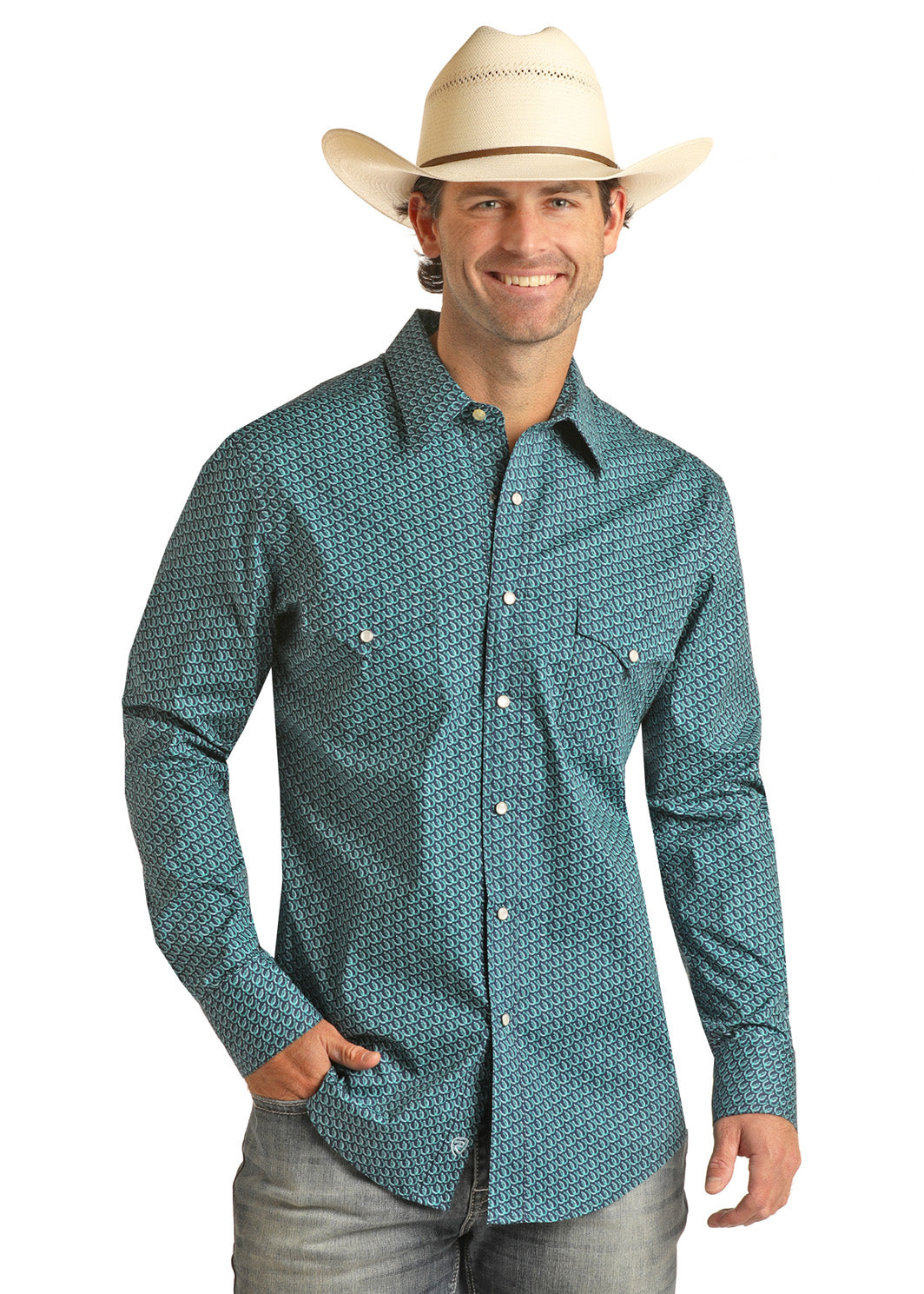 Panhandle Men's Horseshoe Poplin Print Western Shirt Panhandle Men's Horseshoe Poplin Print Western Shirt