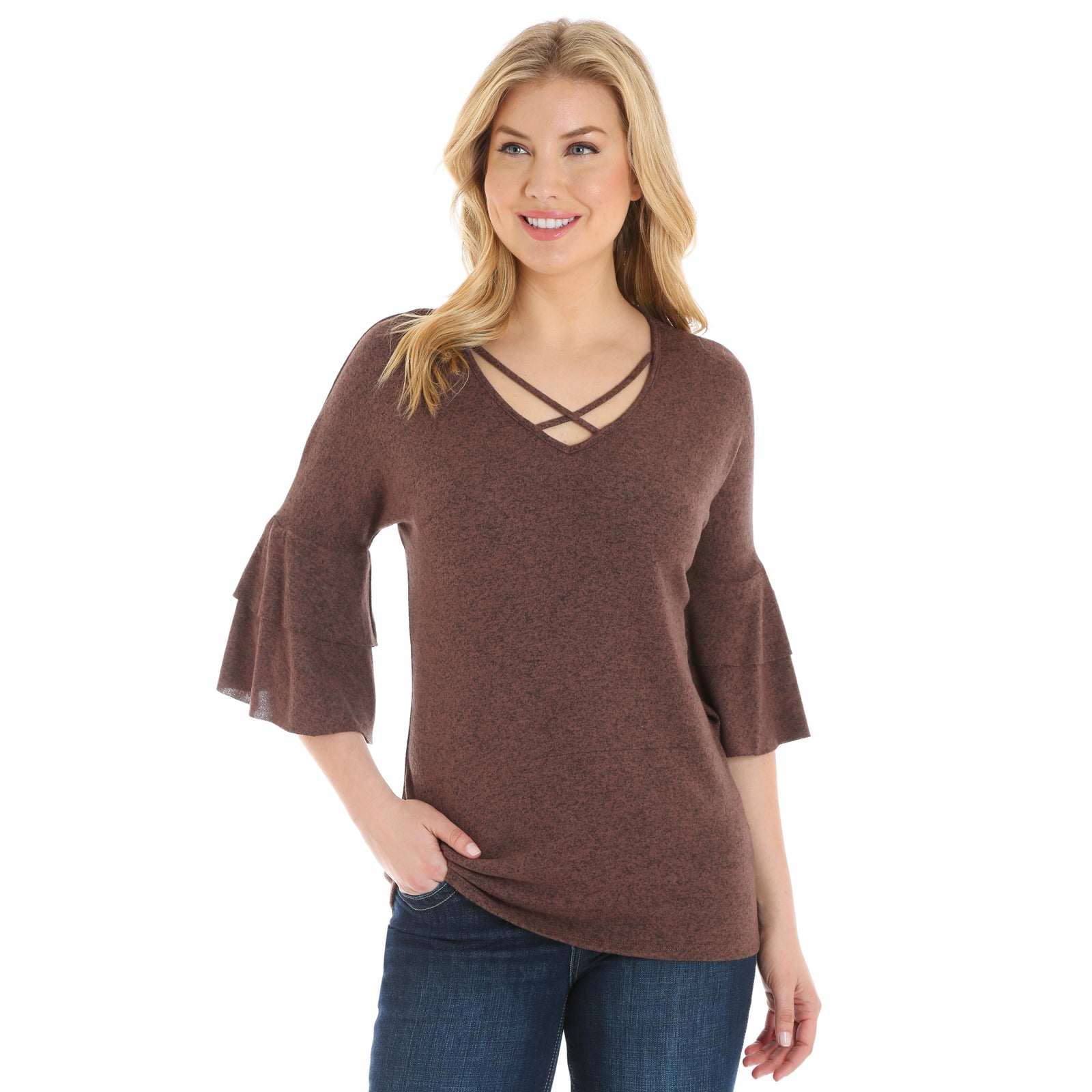 Wrangler Women's Tunic with Criss Cross Neckline & Ruffle Sleeves
